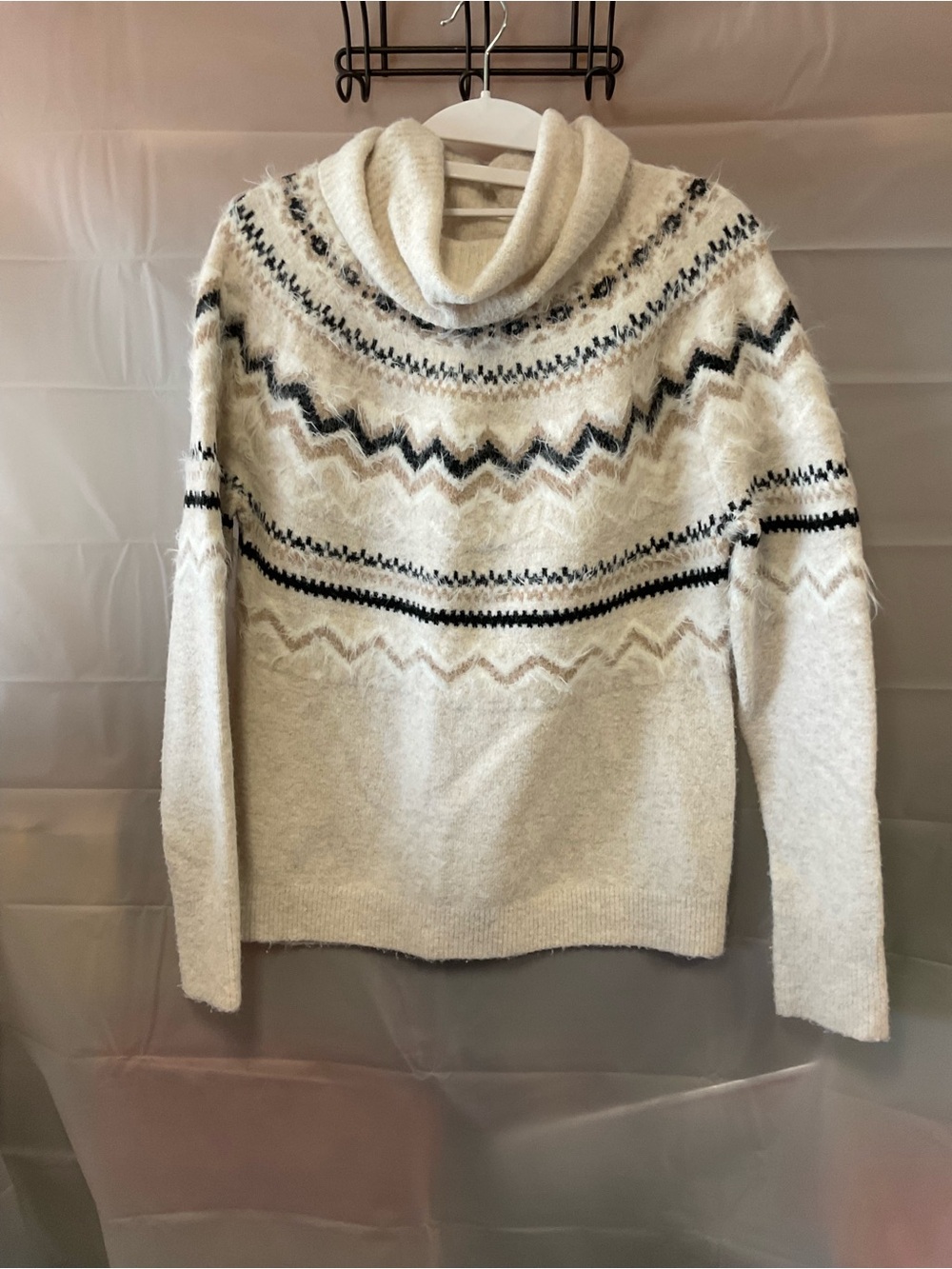 LOFT Ivory Cowl Neck Fair Isle Sweater with Black & Tan Accents